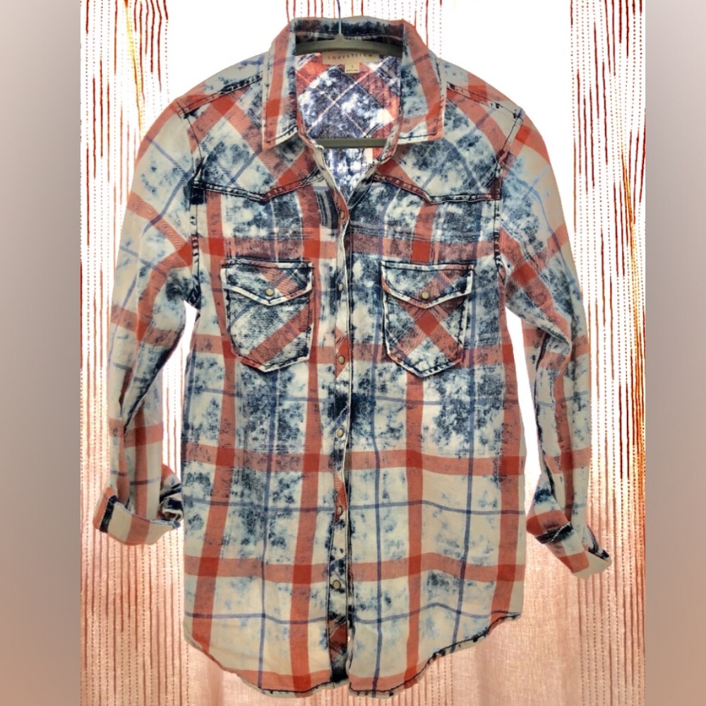 Lovestich acid wash pearl-snap plaid button down